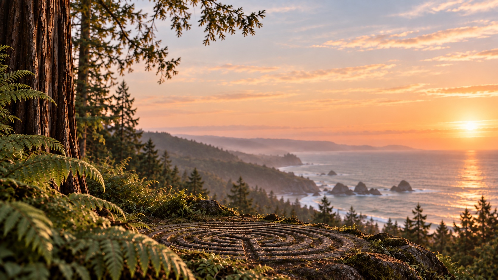 A labyrinth surrounded by ferns and redwoods overlooks the Pacific coastline at sunset.