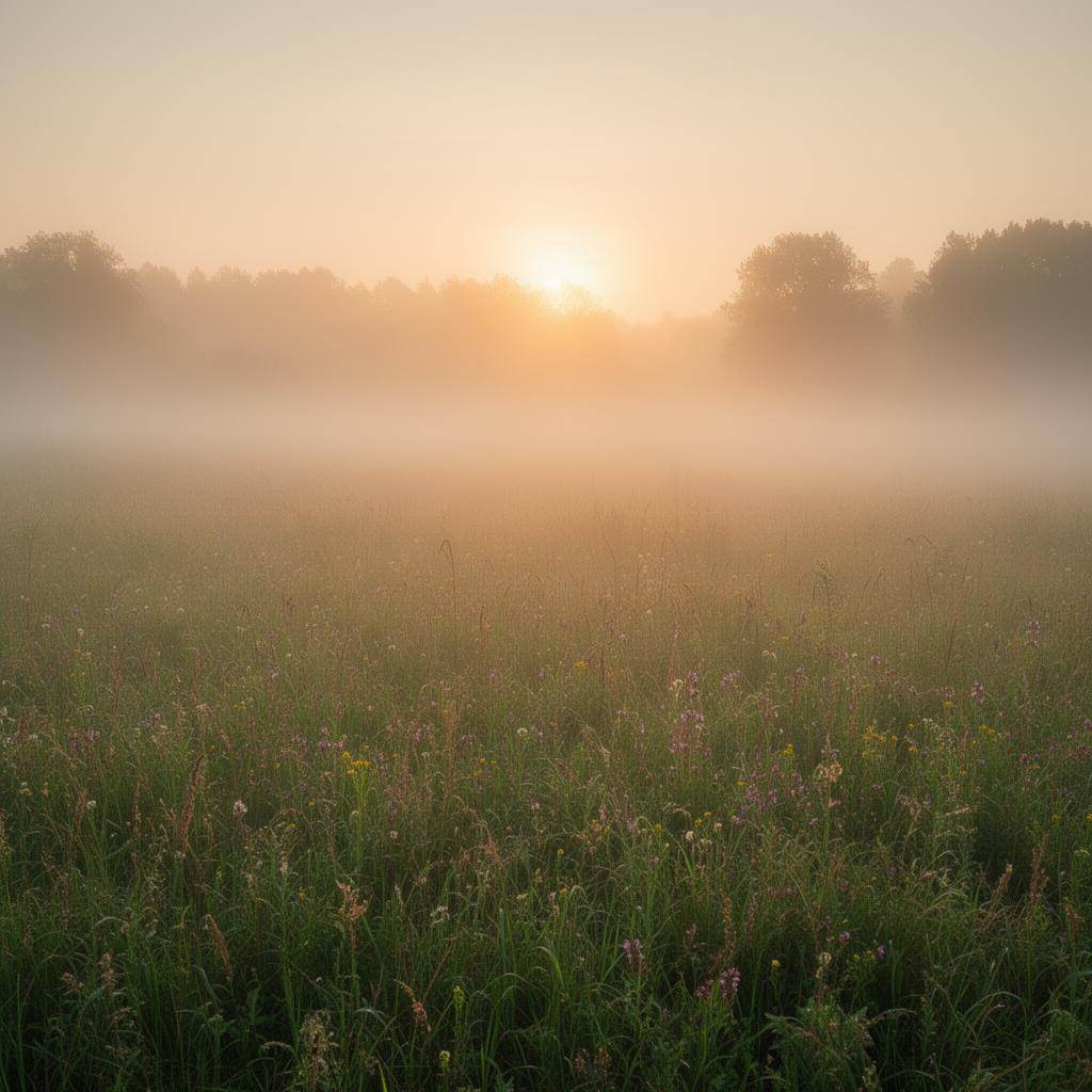 Morning fog over a peaceful meadow
